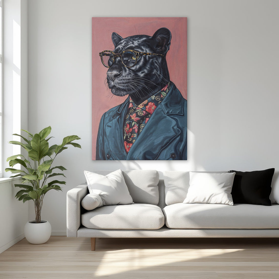 Framed Wall Art: Stylish panther portrait with glasses. Modern art in a bedroom with a pink, black, and gold color palette. Elevate your space!