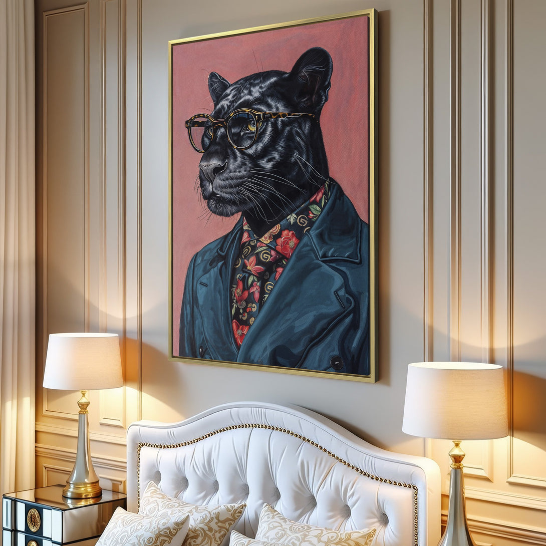 Canvas Print featuring a stylish panther in a coat and glasses, set against a pink background. Modern wall art with a colorful, bold palette.