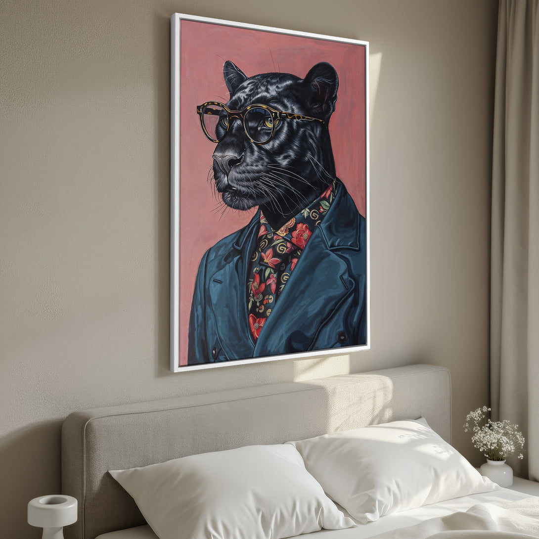 Framed Wall Art featuring a stylish panther in glasses, set against a pink backdrop. Modern art with a bold color palette, perfect for home decor.