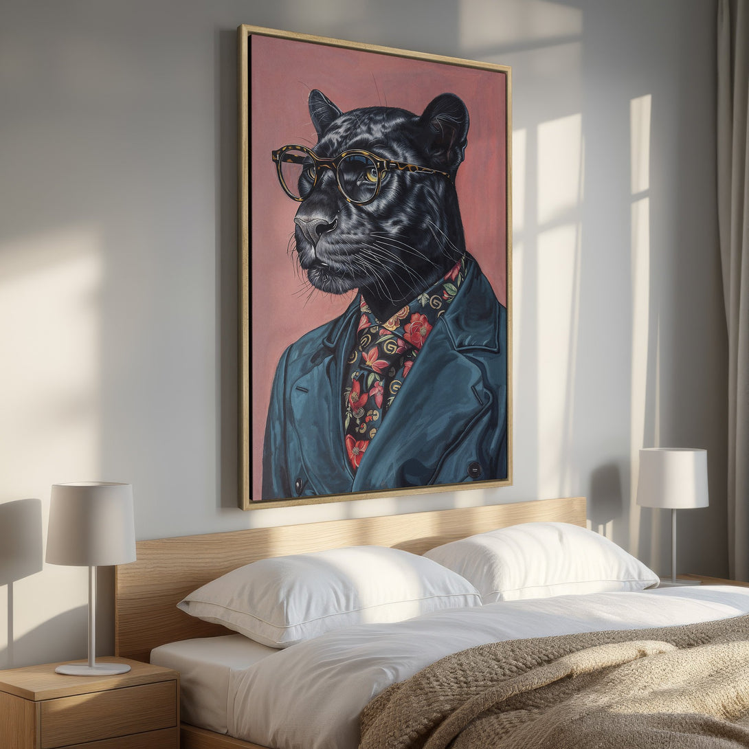 Framed Wall Art: Stylish panther portrait in a bedroom. Modern, whimsical design with a pink, blue, and floral color palette. Perfect for adding personality!