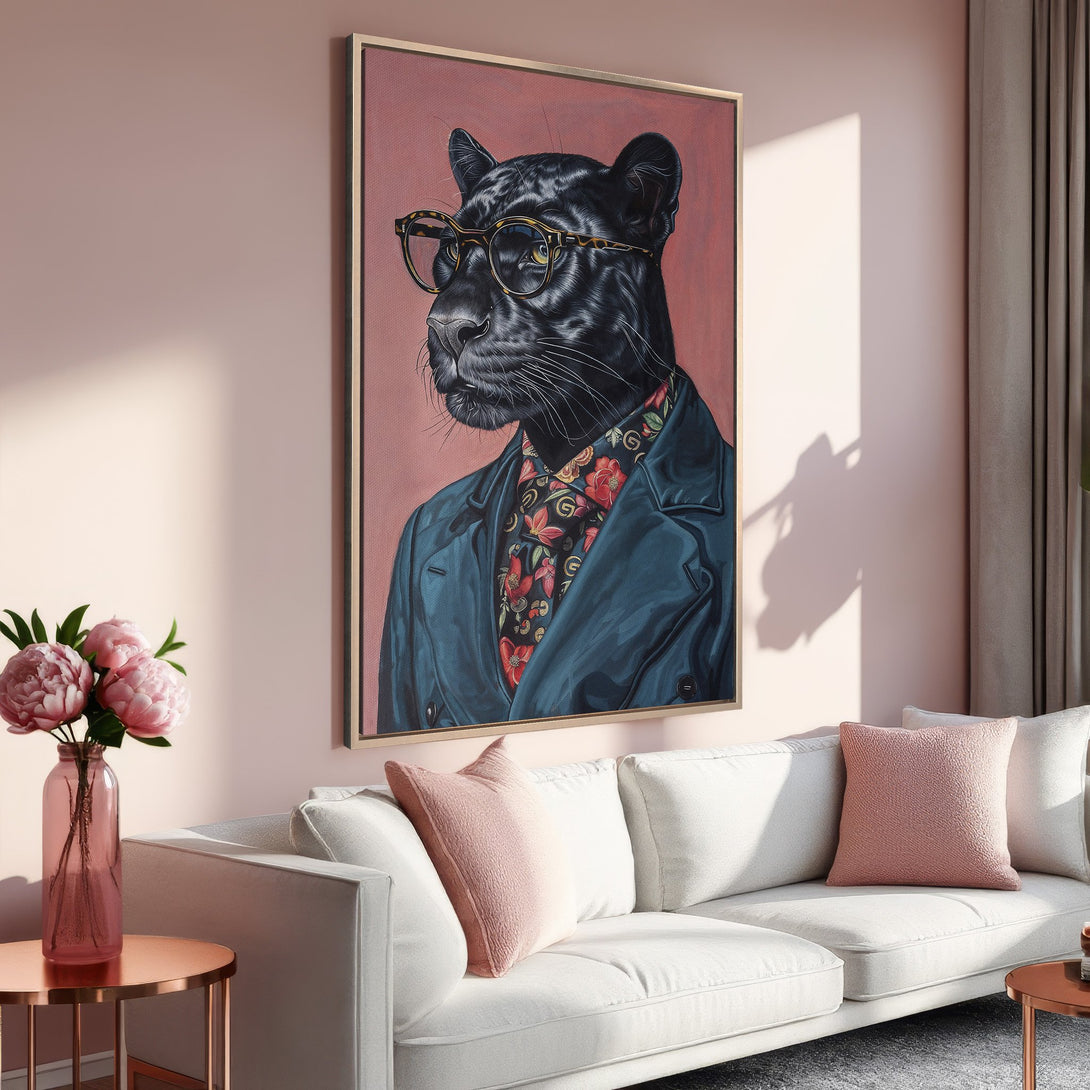 Framed Wall Art: Stylish panther portrait in glasses, a pop of color for any space. Features a pink and blue color palette, perfect for modern decor.