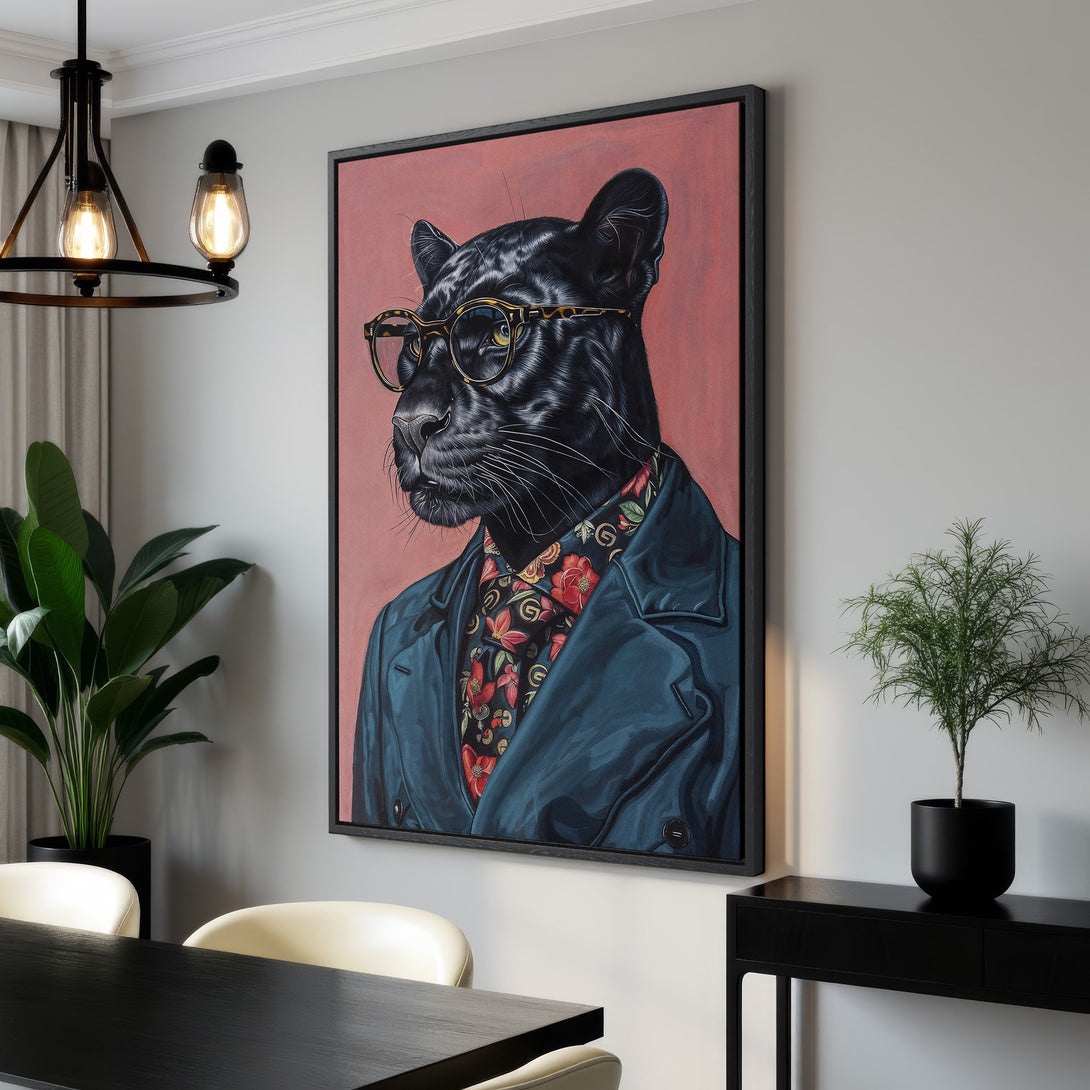 Framed Wall Art featuring a stylish panther in glasses, a bold and colorful statement piece. Perfect for modern interiors. Rich blues, reds, and black palette.