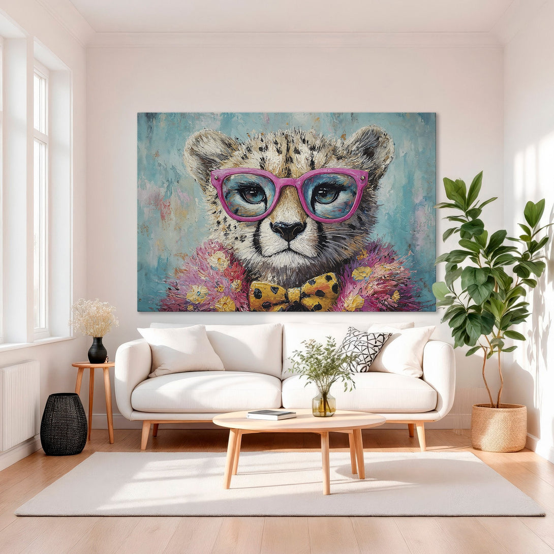 Framed Wall Art: Playful cheetah portrait with pink glasses & bow tie. Colorful abstract style with teal, pink & gold palette. Perfect for modern decor.
