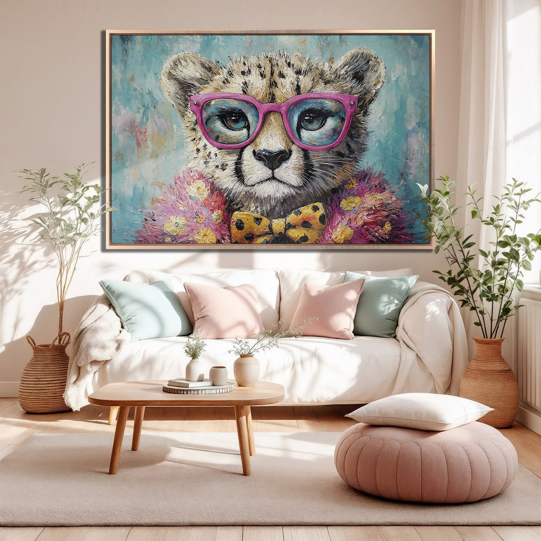 Framed Wall Art: Playful cheetah portrait in vibrant pink, blue, and yellow palette. Whimsical animal art for a stylish home decor upgrade.