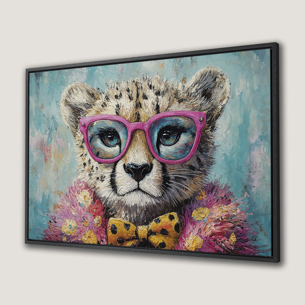 Framed Wall Art: Playful cheetah portrait with pink glasses and bow tie. Whimsical style, vibrant blue, pink, and yellow color palette. Perfect home decor!
