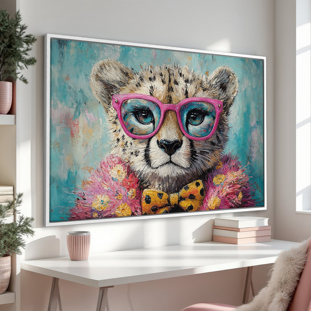 Framed Wall Art: Playful cheetah portrait with pink glasses, bow tie, and colorful brushstrokes. Adds a pop of color to any room. Modern decor.