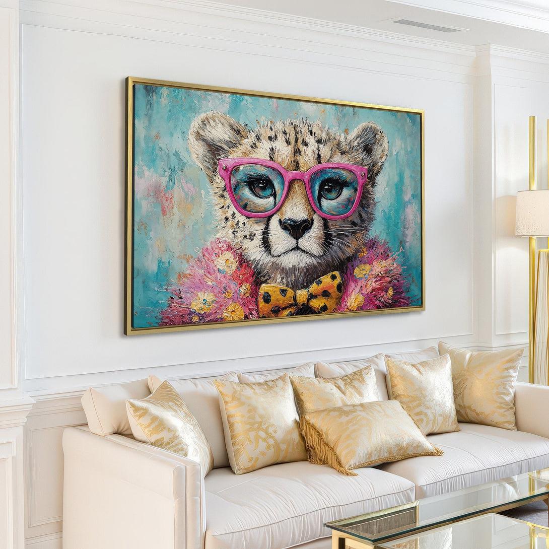 Canvas Print of a stylish cheetah wearing glasses and a bow tie in a modern interior. Features a vibrant, colorful palette with blues, pinks, and yellows.