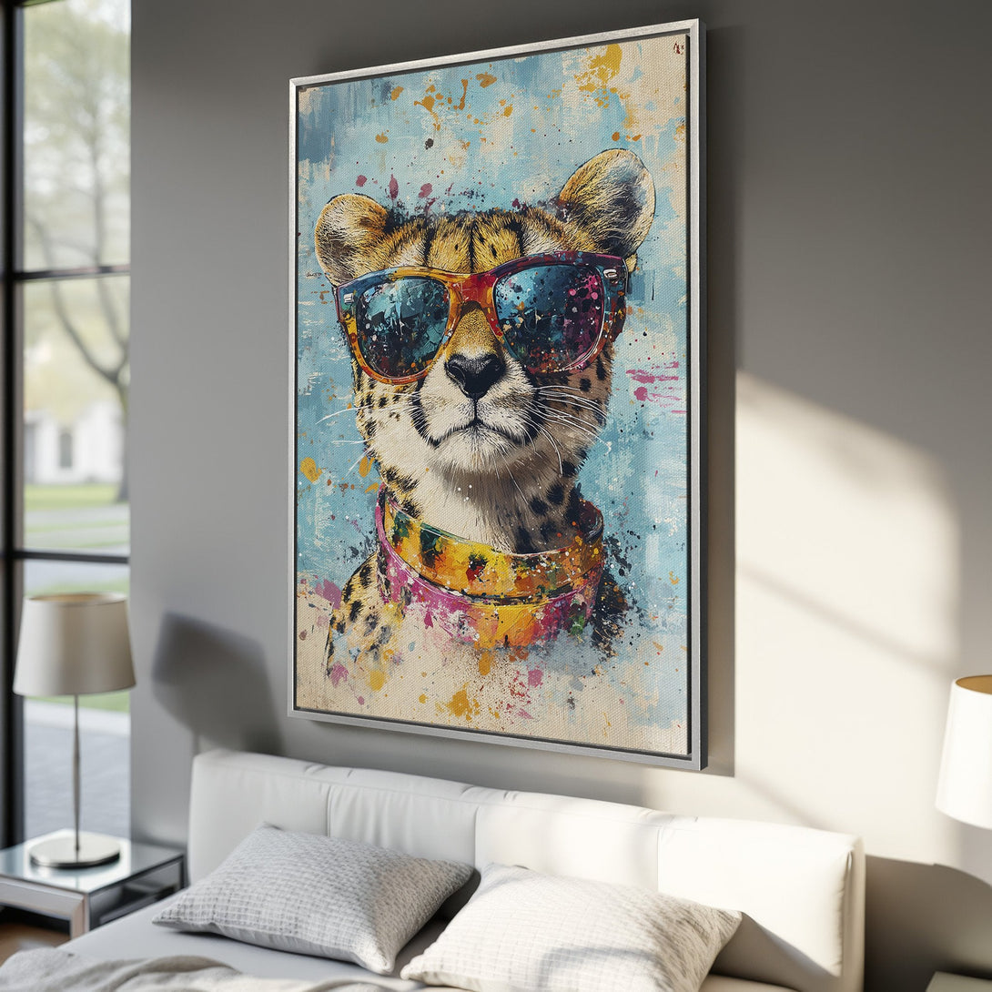 Framed Wall Art: Cool cheetah with sunglasses, pop art style, vibrant colors on a blue background. Perfect for modern home decor.