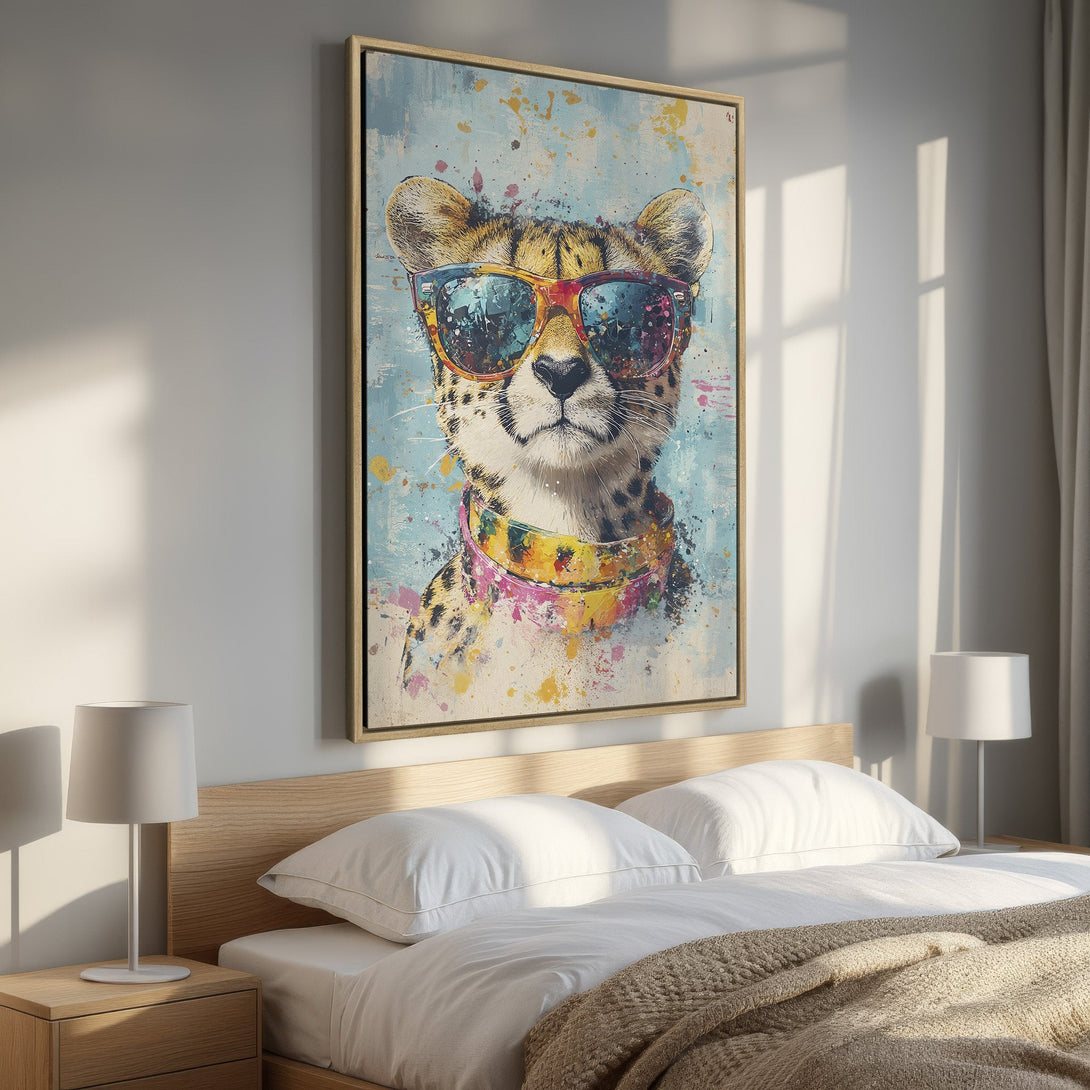 Framed Wall Art: Cool cheetah wearing sunglasses. Playful, colorful art print in a bedroom. Modern decor with blue, pink, and yellow accents.