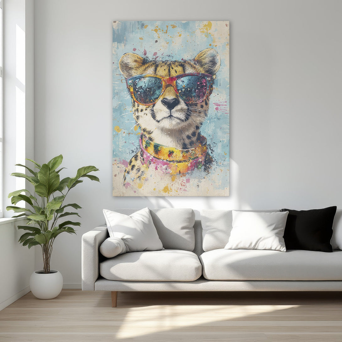 Framed Wall Art featuring a cool cheetah in sunglasses, vibrant watercolor style, with a colorful, playful palette. Perfect for adding personality to any space!