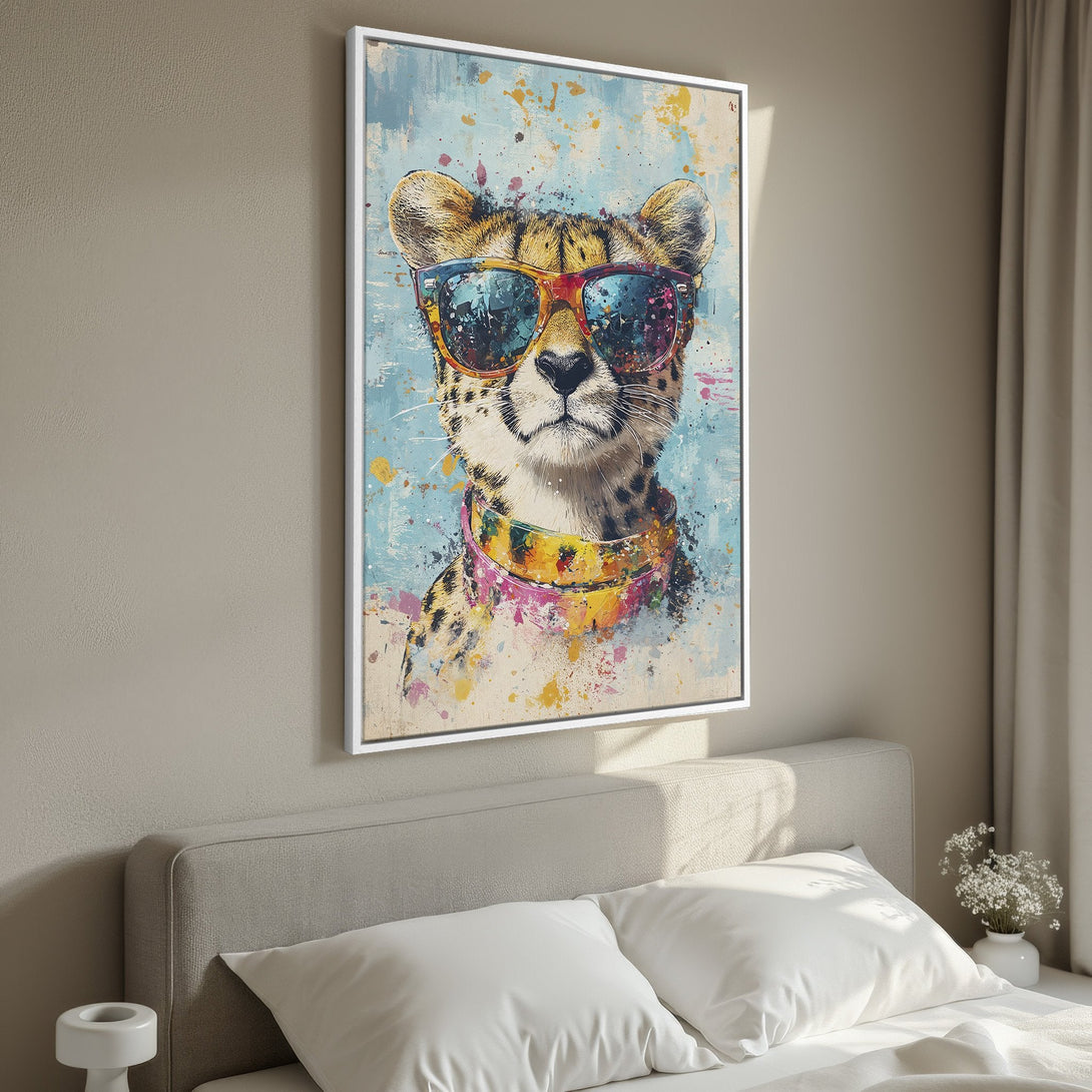 Framed Wall Art: Cool cheetah portrait with sunglasses, vibrant pop art style. Blue, yellow, and pink color palette. Perfect for modern home decor.