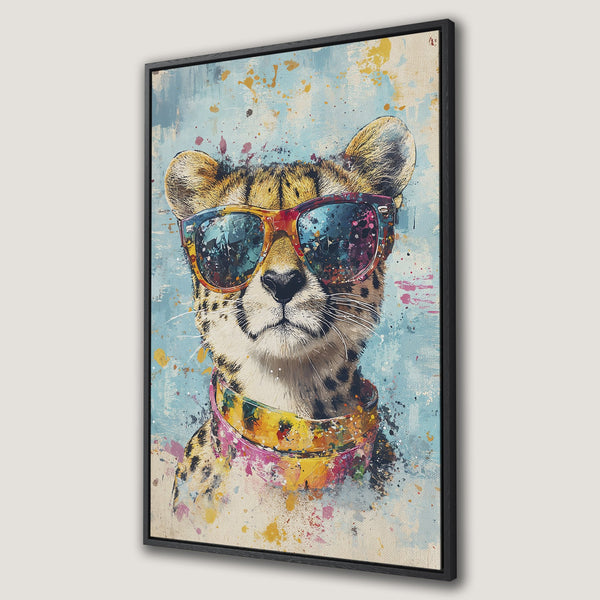Framed Wall Art Canvas Print featuring a cool cheetah wearing sunglasses. Colorful, abstract style with a blue, yellow, and pink palette. Perfect for modern decor.