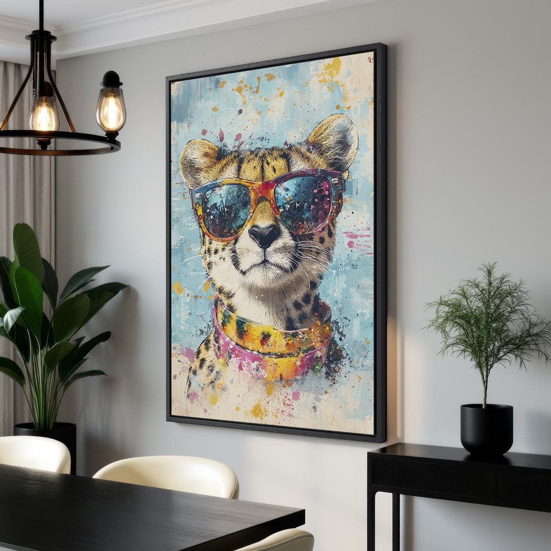 Framed Wall Art: Cool cheetah portrait in vibrant, abstract style. Featuring a colorful palette of blues, yellows, and pinks, perfect for modern decor.