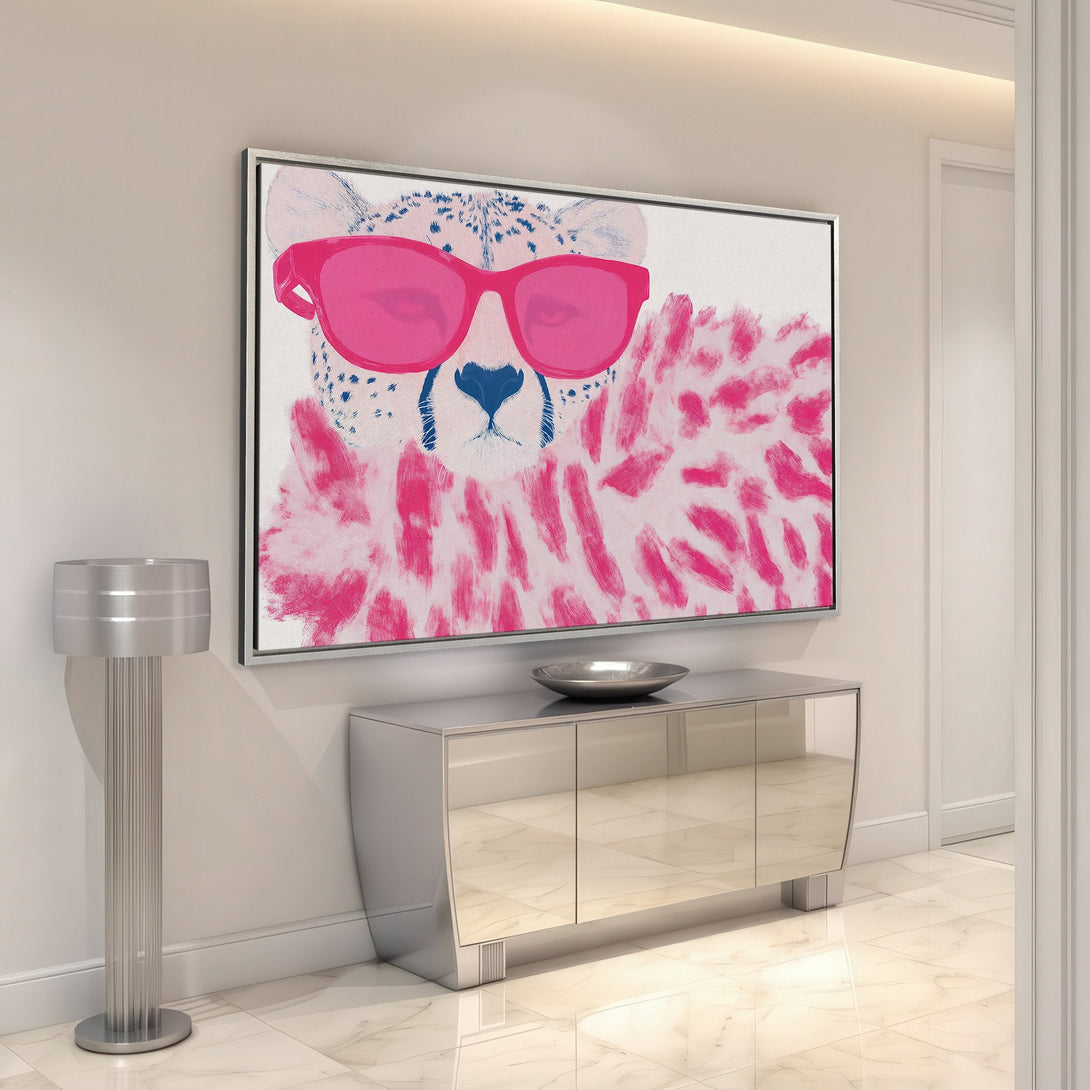 Framed Wall Art: Pop art cheetah print in pink & blue. Add a touch of modern style to your home with this vibrant canvas print.