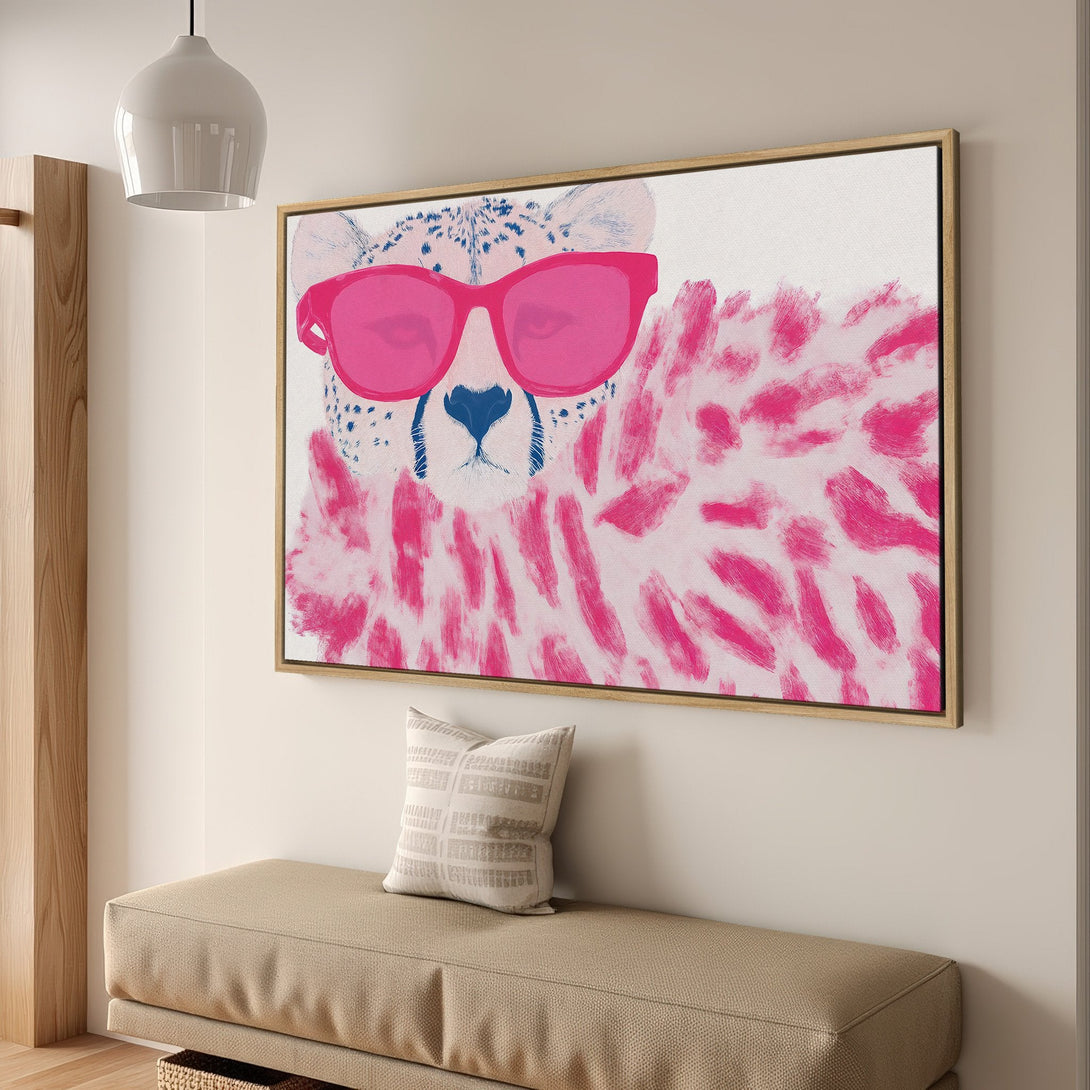 Framed Wall Art: Cool cheetah with pink sunglasses. Pop art style, vibrant pink and blue palette. Perfect for adding a fun, modern touch to your home decor.