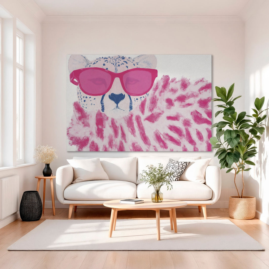 Framed Wall Art: Pop art cheetah in pink sunglasses. Stylish canvas print with a vibrant pink and blue color palette, perfect for modern home decor.