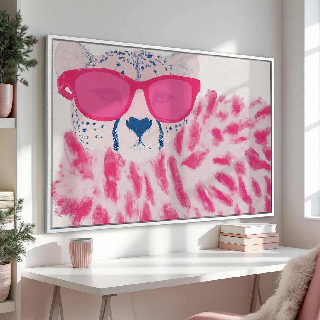 Framed Wall Art: Funky cheetah art in pink and blue. Add a pop of color and personality to your space with this stylish canvas print!