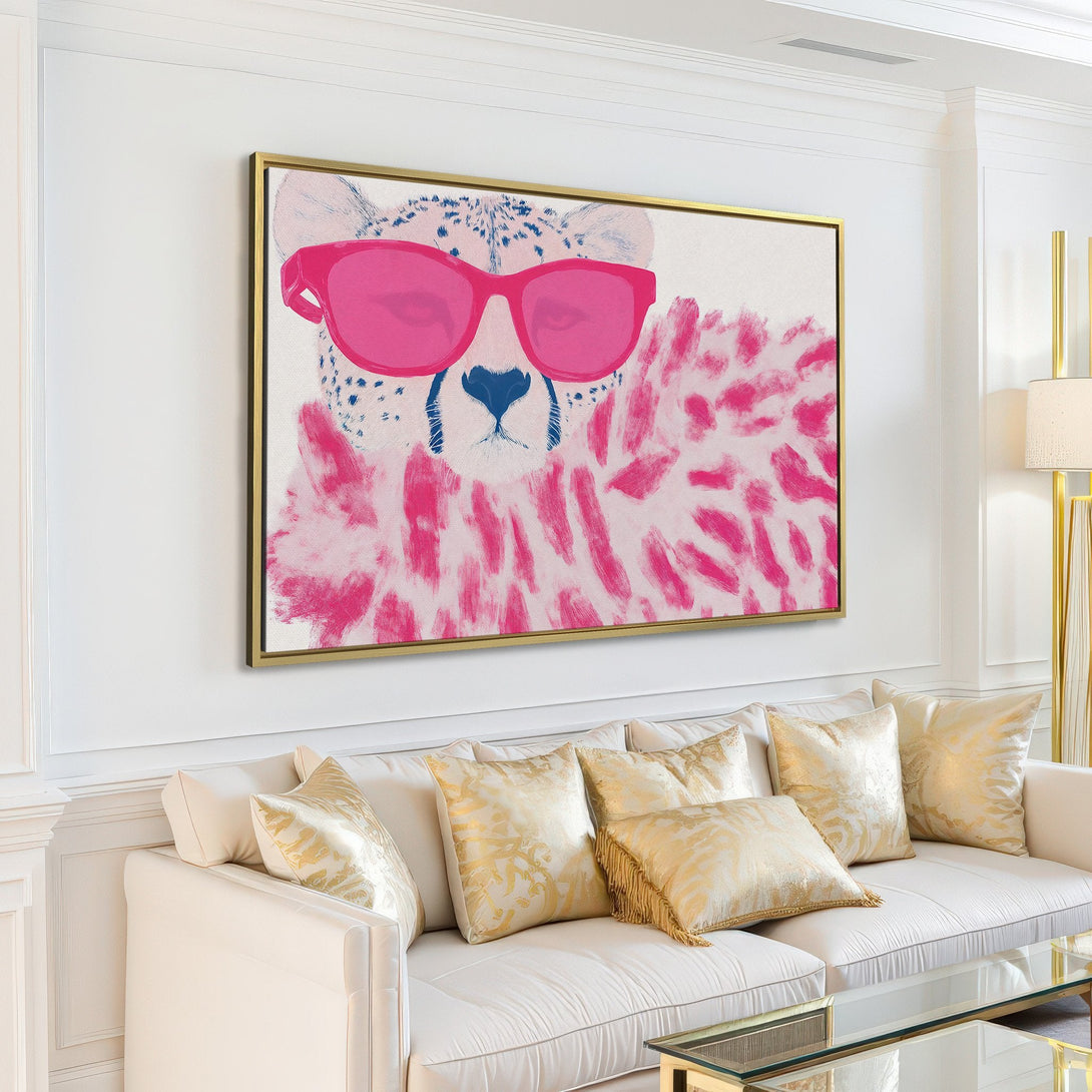 Canvas Print of a cheetah wearing pink sunglasses, modern art style. Features a pink and blue color palette, perfect for adding a pop of fun to your space.