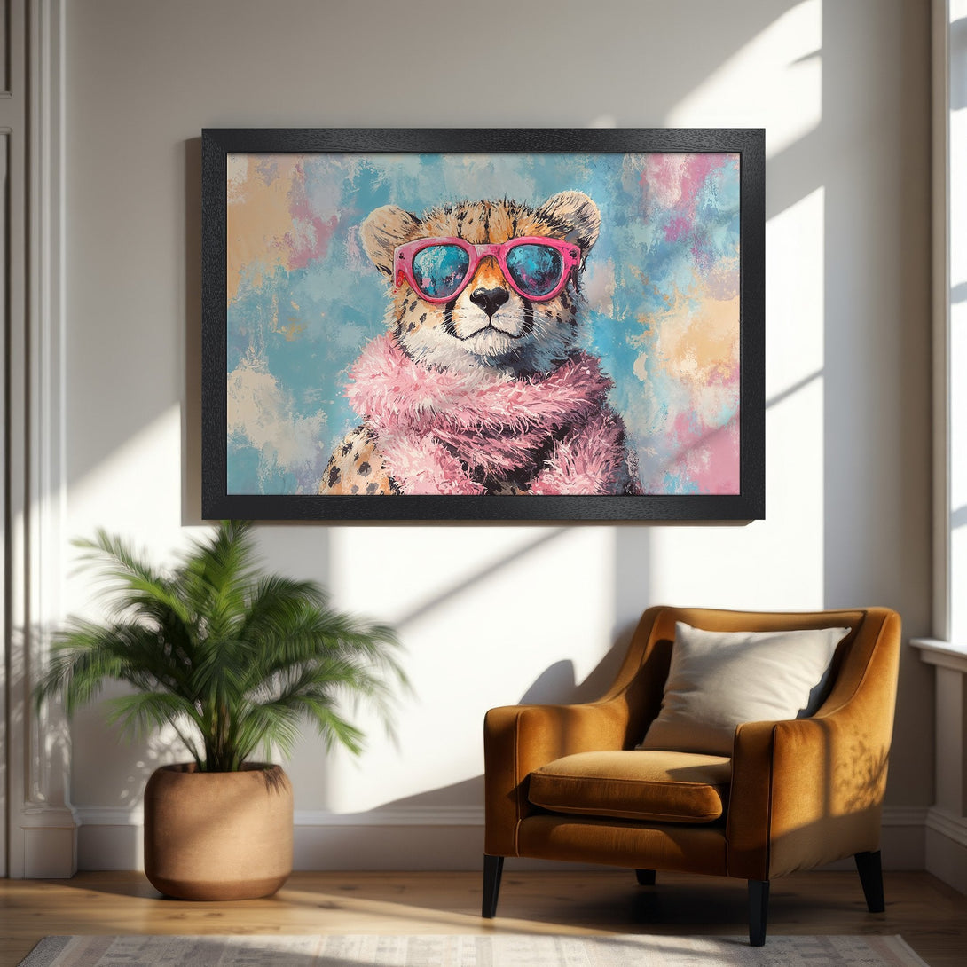 Framed Poster of a cheetah wearing sunglasses and a pink scarf, painted in a colorful, abstract style.