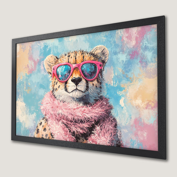 Framed Poster of a cheetah wearing sunglasses and pink scarf, vibrant abstract art with a pastel color palette.