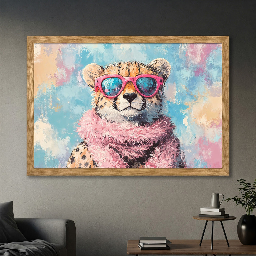 Framed Poster featuring a cool cheetah wearing sunglasses and a pink scarf, painted in a vibrant, impressionistic style with a colorful palette.