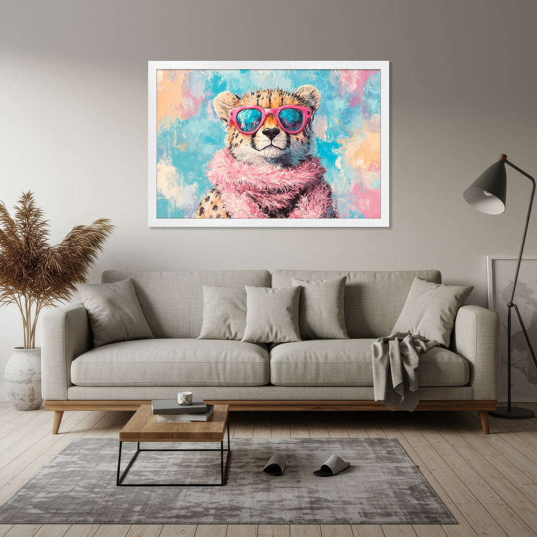 Framed Poster featuring a cool cheetah in sunglasses. Artistic style with pink, blue, and orange color palette. Perfect wall art!