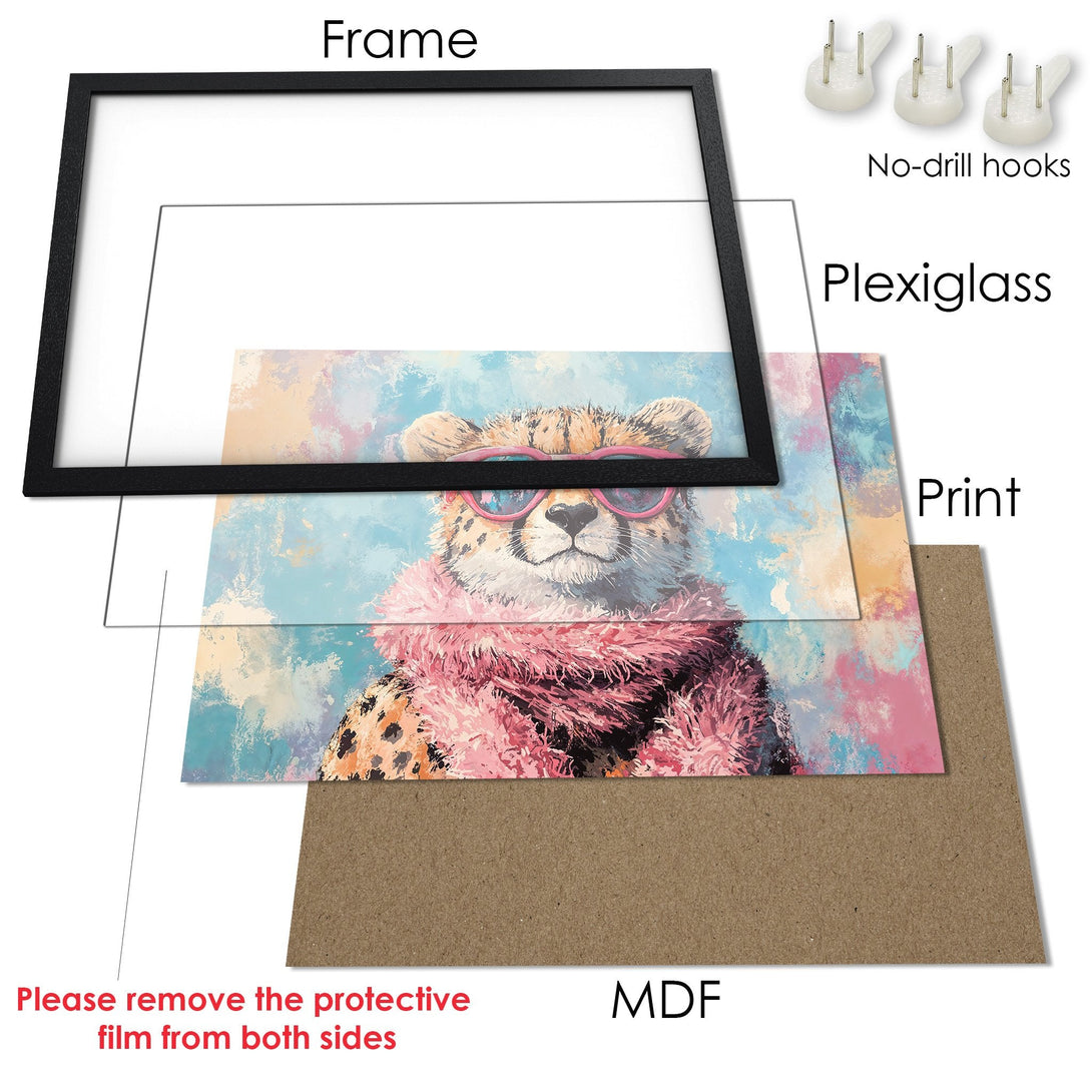 Framed Poster featuring a stylish cheetah with pink glasses and scarf. Artistic style with a pastel color palette. Perfect wall art!