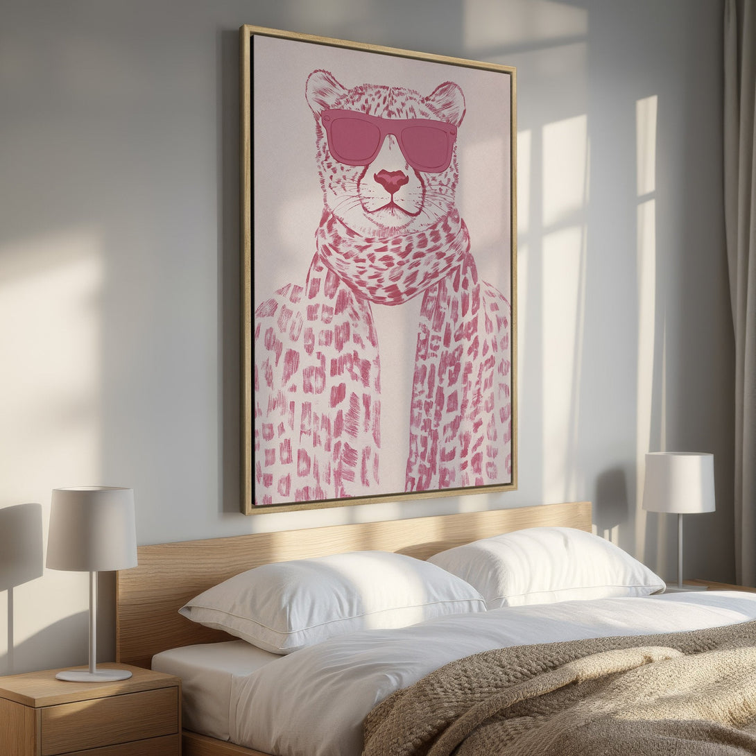 Framed Wall Art: Pink leopard print canvas in a bedroom. Modern, stylish art with a cool, playful vibe. Perfect for adding personality to your space!