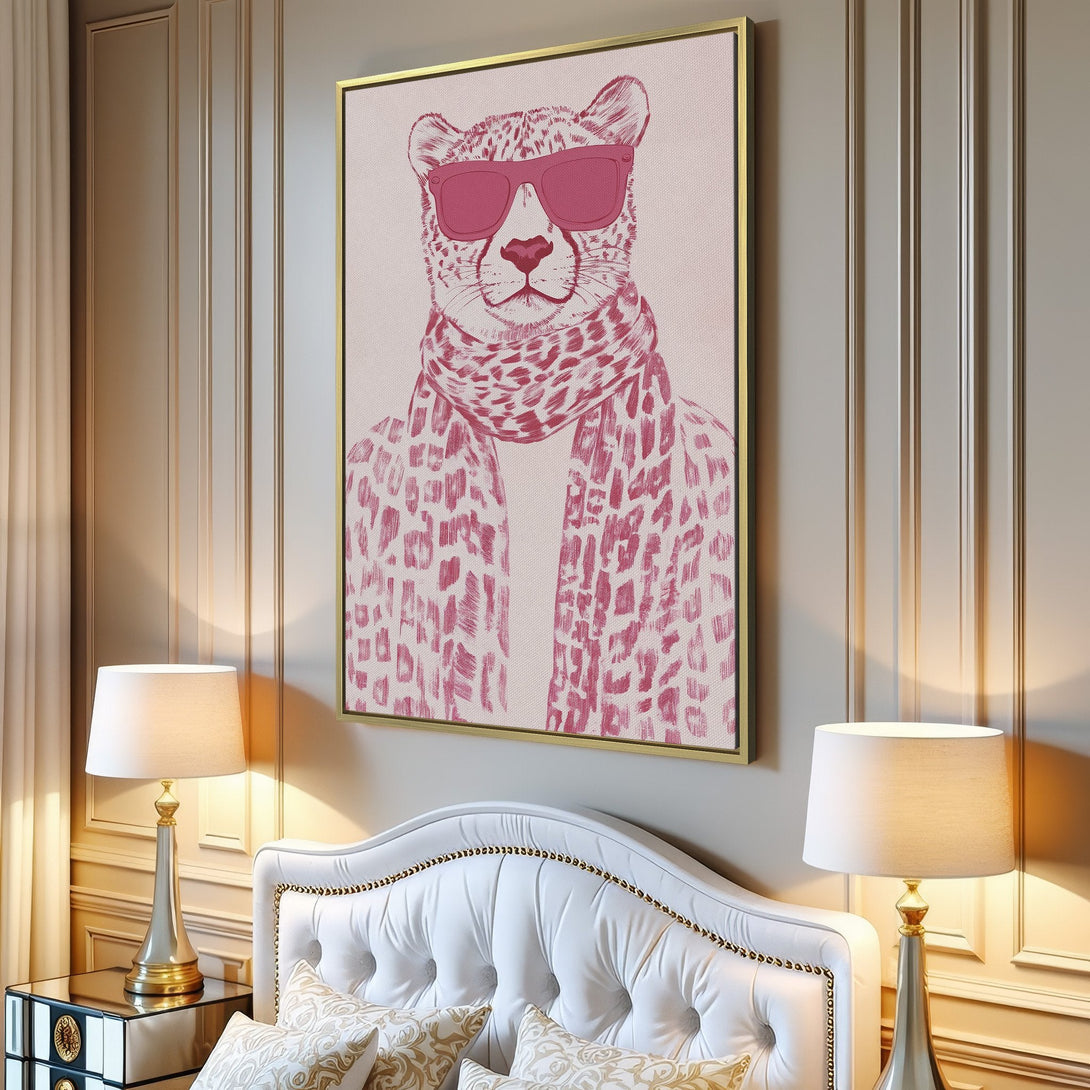 Canvas Print of a stylish leopard wearing sunglasses in a pink and white color palette. Modern wall art for a chic home.