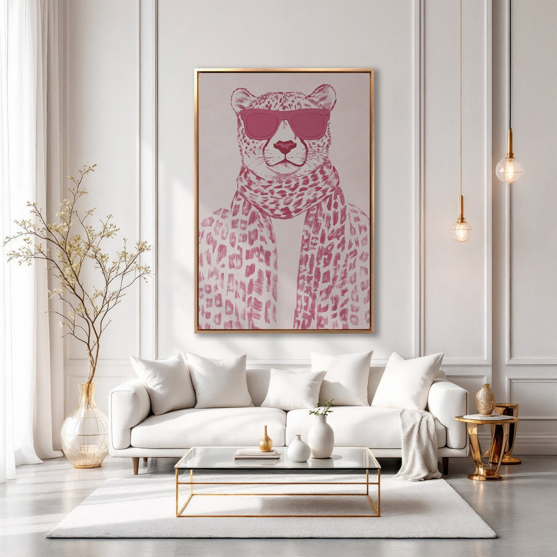 Framed Wall Art: Stylish leopard print art in a modern interior. Pink and gold accents add a touch of luxury. Perfect for adding personality to your space.