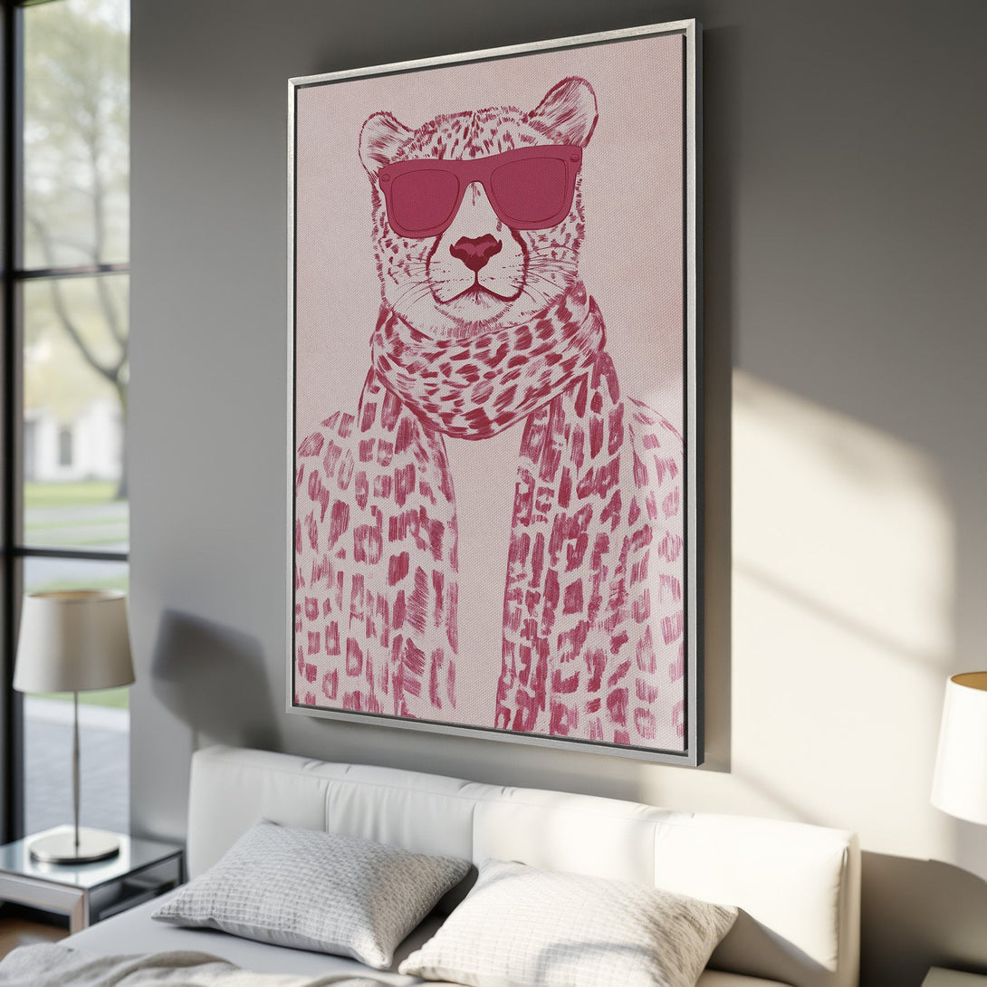 Framed Wall Art: Stylish cheetah illustration in pink and white. Modern canvas print adds a touch of playful elegance to any interior. Shop now!