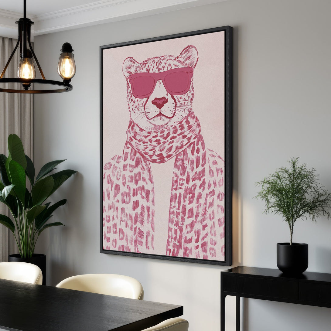 Framed Wall Art: Stylish cheetah print canvas in pink & neutral tones. Modern art for home decor, perfect for living rooms & bedrooms. Shop now!