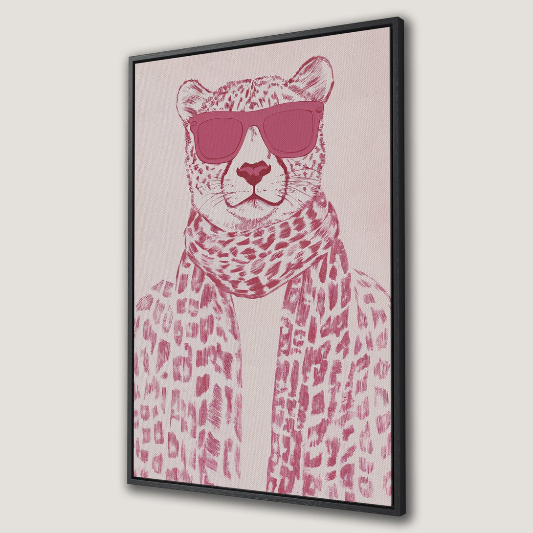 Framed Wall Art: Hipster leopard print in pink hues. Stylish Canvas Print featuring a cool cat with sunglasses. Perfect for modern home decor.