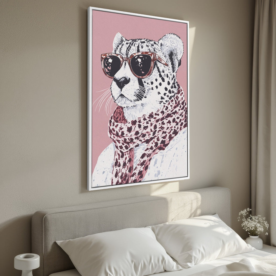 Framed Wall Art: Stylish leopard portrait in sunglasses, blush pink background, neutral tones. Add a touch of fun & sophistication to your home decor!