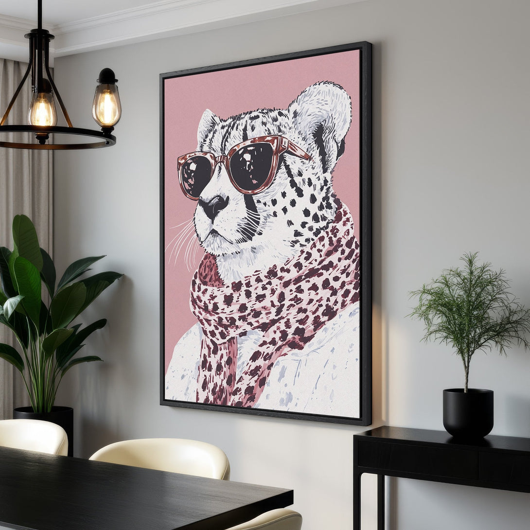 Framed Wall Art: Stylish cheetah portrait with sunglasses, modern art style, pink & neutral color palette. Perfect for adding a touch of fun to your home decor!
