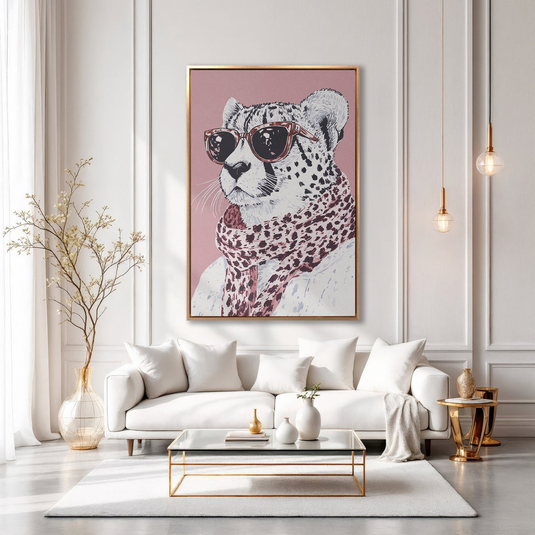Framed Wall Art featuring a stylish cheetah wearing sunglasses and a scarf, displayed in a modern interior with a blush and neutral color palette.