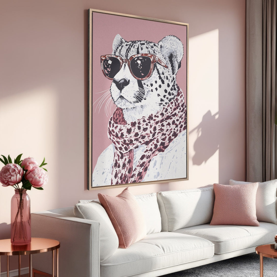 Framed Wall Art: Stylish cheetah print canvas with sunglasses. Modern, blush pink and neutral color palette. Perfect for adding a touch of chic to your home decor.