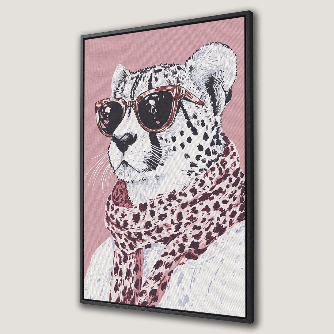 Framed Wall Art featuring a stylish cheetah wearing sunglasses and a scarf, painted in a modern, artistic style with a pink and burgundy color palette.