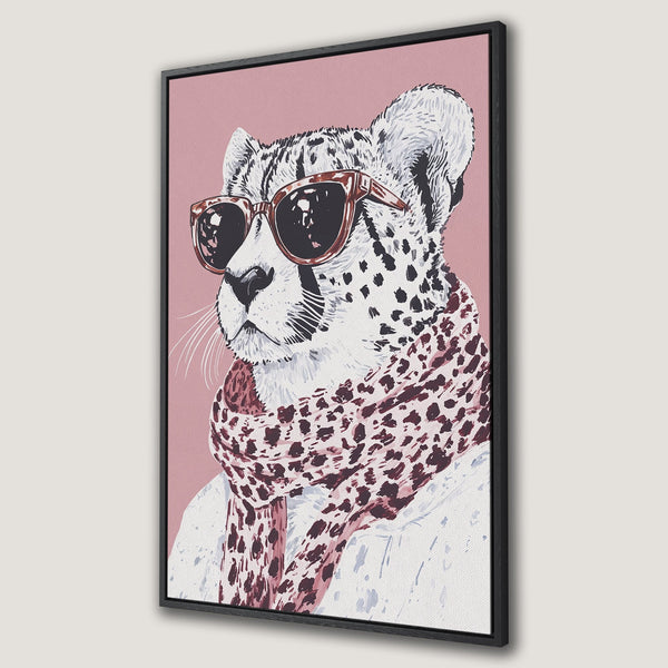 Framed Wall Art featuring a stylish cheetah wearing sunglasses and a scarf, painted in a modern, artistic style with a pink and burgundy color palette.
