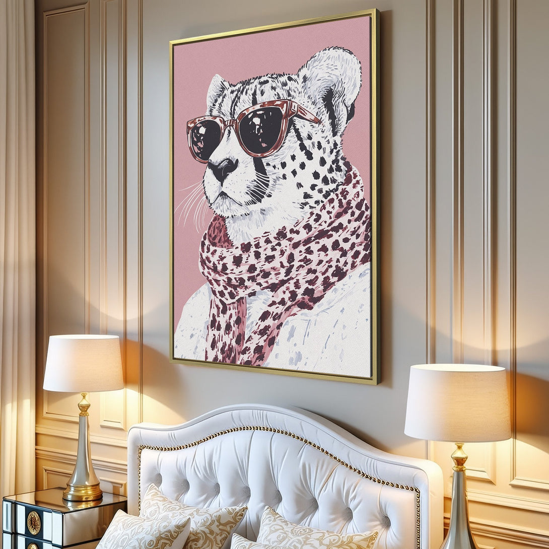 Canvas Print featuring a stylish cheetah wearing sunglasses and scarf, set in a modern interior with a pink and neutral color palette.