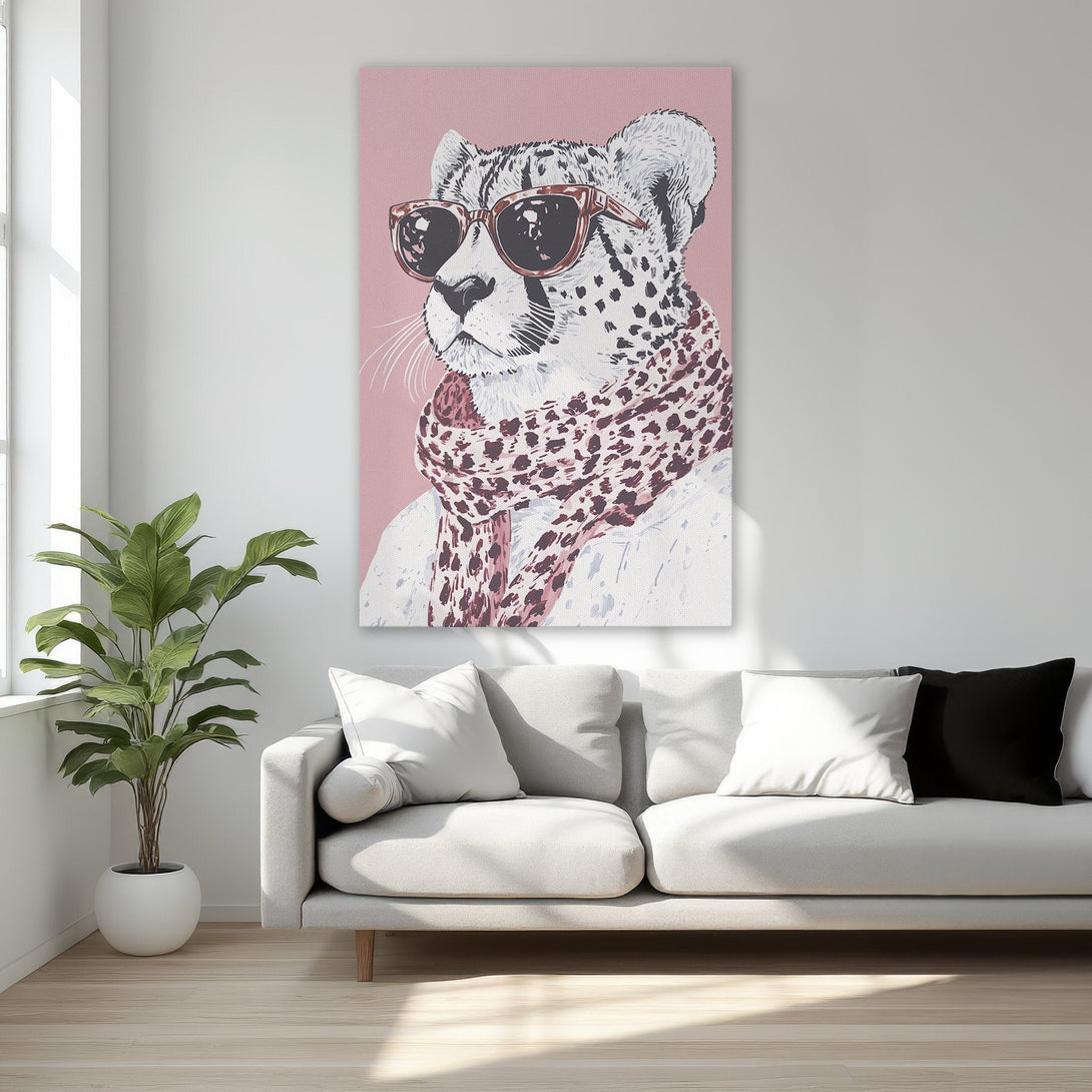 Framed Wall Art: Stylish cheetah portrait in sunglasses, pink & burgundy palette. Modern canvas print adds a chic touch to any room!