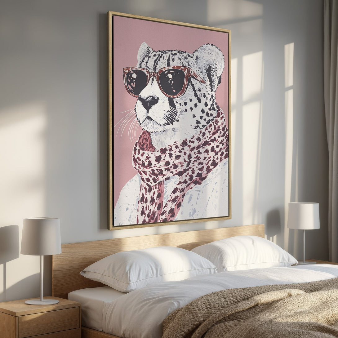 Framed Wall Art: Hipster cheetah print in a bedroom. Modern, blush pink & neutral color palette. Perfect for adding personality to your space.