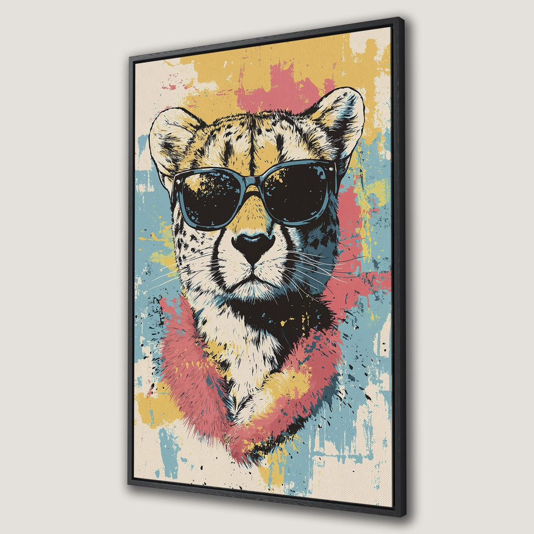 Framed Wall Art: Cool cheetah portrait with sunglasses, vibrant pop art style, featuring a colorful palette of yellow, pink, blue, and black. Perfect wall decor.