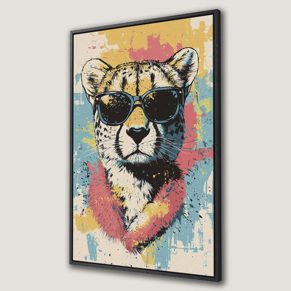 Framed Wall Art: Cool cheetah portrait with sunglasses, vibrant pop art style, featuring a colorful palette of yellow, pink, blue, and black. Perfect wall decor.