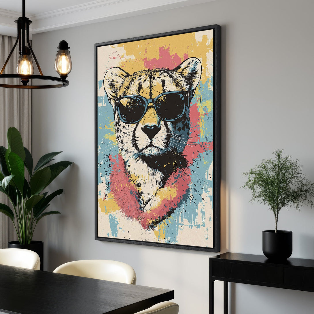 Framed Wall Art: Cool cheetah portrait with sunglasses. Pop art style with a colorful, vibrant palette. Perfect for adding personality to your home decor.