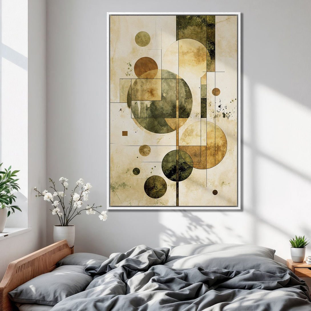 Framed Wall Art featuring an abstract geometric design in earthy tones of brown and green, perfect for modern bedroom decor.