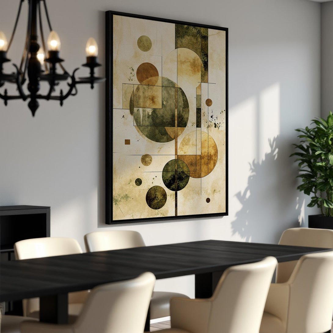 Framed Wall Art featuring an abstract geometric design in earthy tones of beige, brown, and green. Perfect for modern home decor!