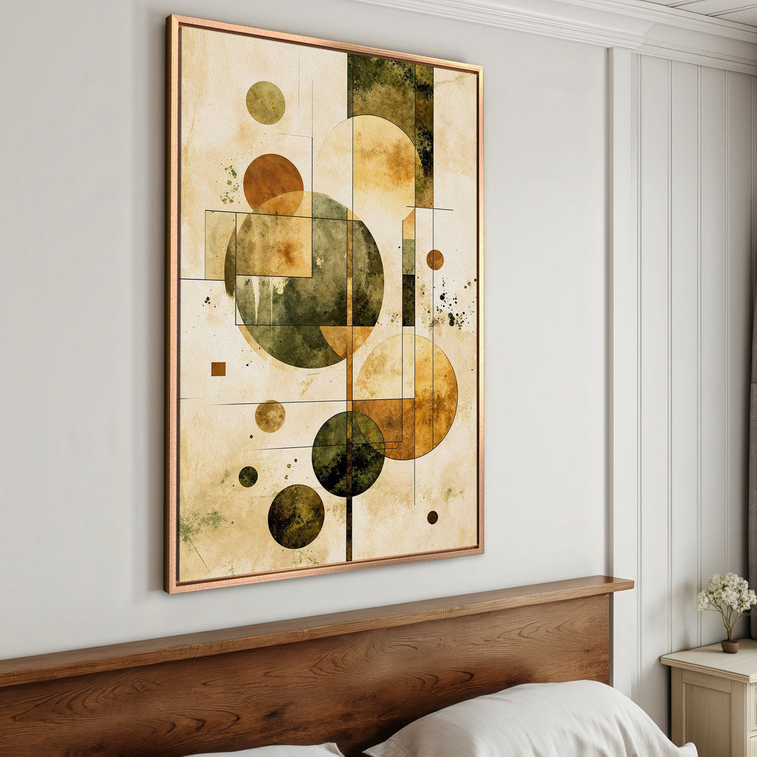 Framed Wall Art: Abstract geometric art print with circles and squares in earthy tones of green, brown, and beige. Modern wall decor for any room.