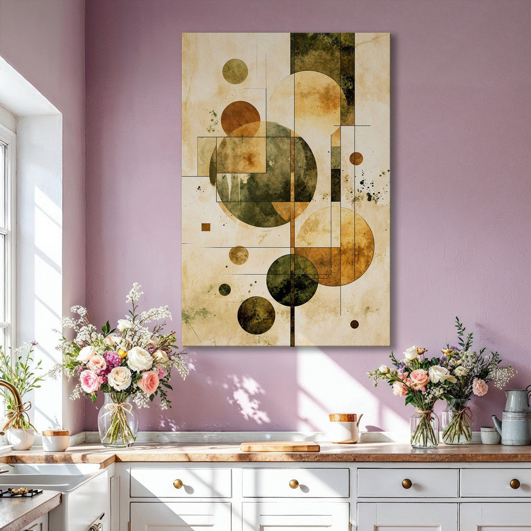 Framed Wall Art: Abstract geometric art print in neutral tones of beige, brown, and green. Modern art piece perfect for living room decor.
