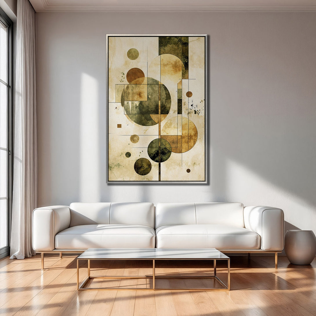 Framed Wall Art: Abstract geometric art in neutral tones of beige, brown, and green. Modern decor for living room or bedroom.